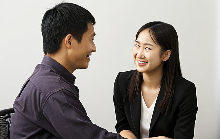 A professional meeting room scene where two diverse individuals from different cultural backgrounds are engaged in conversation. One person, representing a high-context culture (e.g., subtle East Asian facial features), is seen with a polite smile and a slight nod, yet their eyes or a subtle body posture convey a deeper, unspoken thought or reservation. The other person, from a more direct, lower-context culture (e.g., Western European or North American appearance), looks slightly confused, missing the implied meaning. The image should subtly highlight the contrast in communication styles, emphasizing the "unspoken" aspects of the high-context individual.
