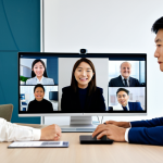 A professional, diverse group of business colleagues engaged in a virtual video conference meeting. On one screen, a male professional from East Asia maintains a calm, composed expression with subtle non-verbal cues, conveying high-context communication. On another screen, a female professional from Western Europe is speaking directly and clearly, exemplifying low-context communication. The scene is set within a clean, modern virtual meeting interface with multiple participant windows. All individuals are fully clothed in modest business attire, maintaining a professional demeanor. Perfect anatomy, correct proportions, natural pose, well-formed hands, proper finger count, natural body proportions, professional photography, high quality, safe for work, appropriate content, family-friendly.