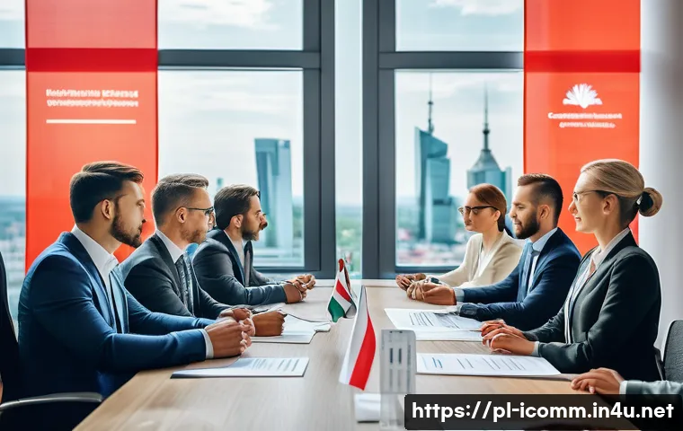 국제커뮤니케이션 자격증 취득방법 - A professional multicultural business meeting scene set in a modern Warsaw office with diverse parti...