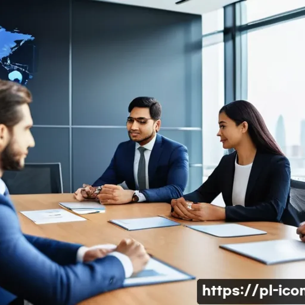 국제커뮤니케이션과 비즈니스 커뮤니케이션 차이점 - A diverse group of international business professionals engaged in a formal meeting around a sleek c...