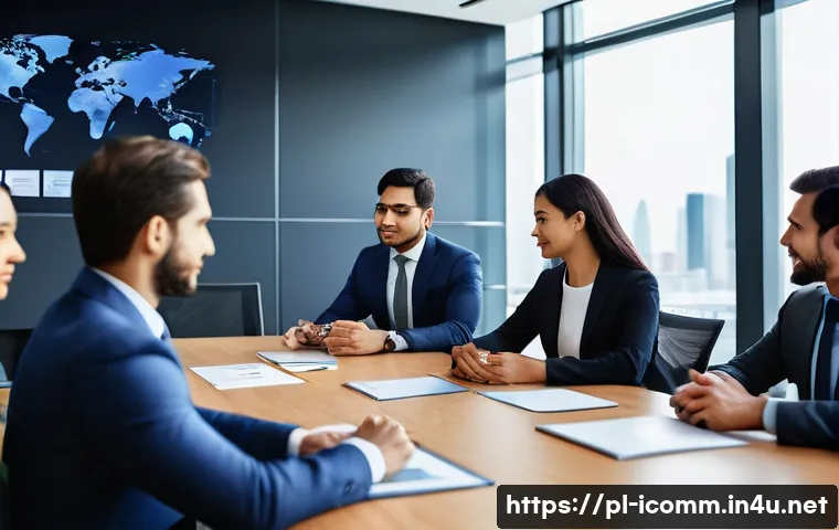 국제커뮤니케이션과 비즈니스 커뮤니케이션 차이점 - A diverse group of international business professionals engaged in a formal meeting around a sleek c...