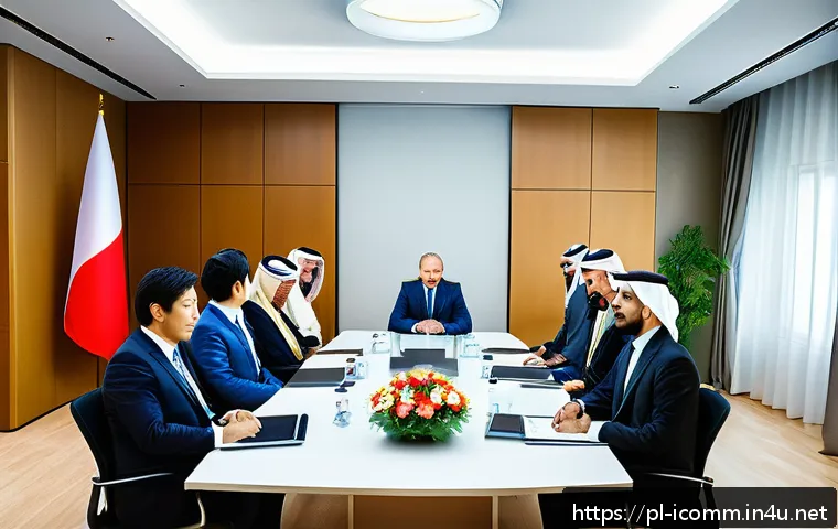 국제커뮤니케이션 중점 과목 - A professional international business meeting scene showing diverse participants from Poland, Japan,...