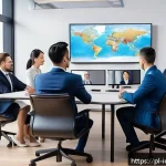 Home 21 국제커뮤니케이션 분야에서의 영향력 - A diverse group of international business professionals engaged in a video conference call, showing ...