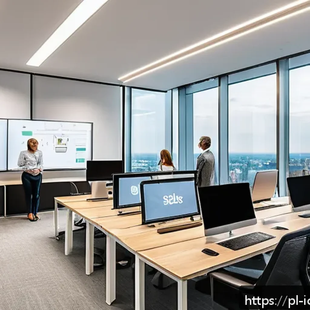 국제커뮤니케이션 기술 혁신 - A modern Polish office environment showcasing a diverse team of professionals collaborating remotely...