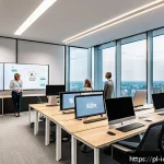 Home 20 국제커뮤니케이션 기술 혁신 - A modern Polish office environment showcasing a diverse team of professionals collaborating remotely...