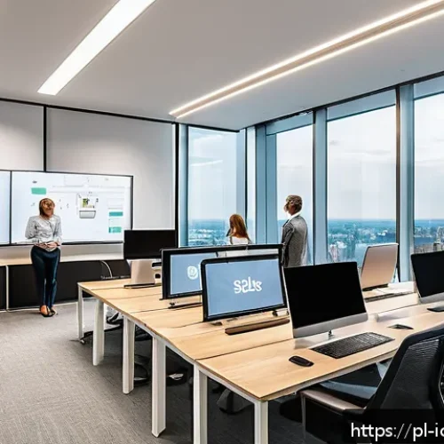 Home 32 국제커뮤니케이션 기술 혁신 - A modern Polish office environment showcasing a diverse team of professionals collaborating remotely...