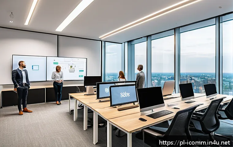 국제커뮤니케이션 기술 혁신 - A modern Polish office environment showcasing a diverse team of professionals collaborating remotely...